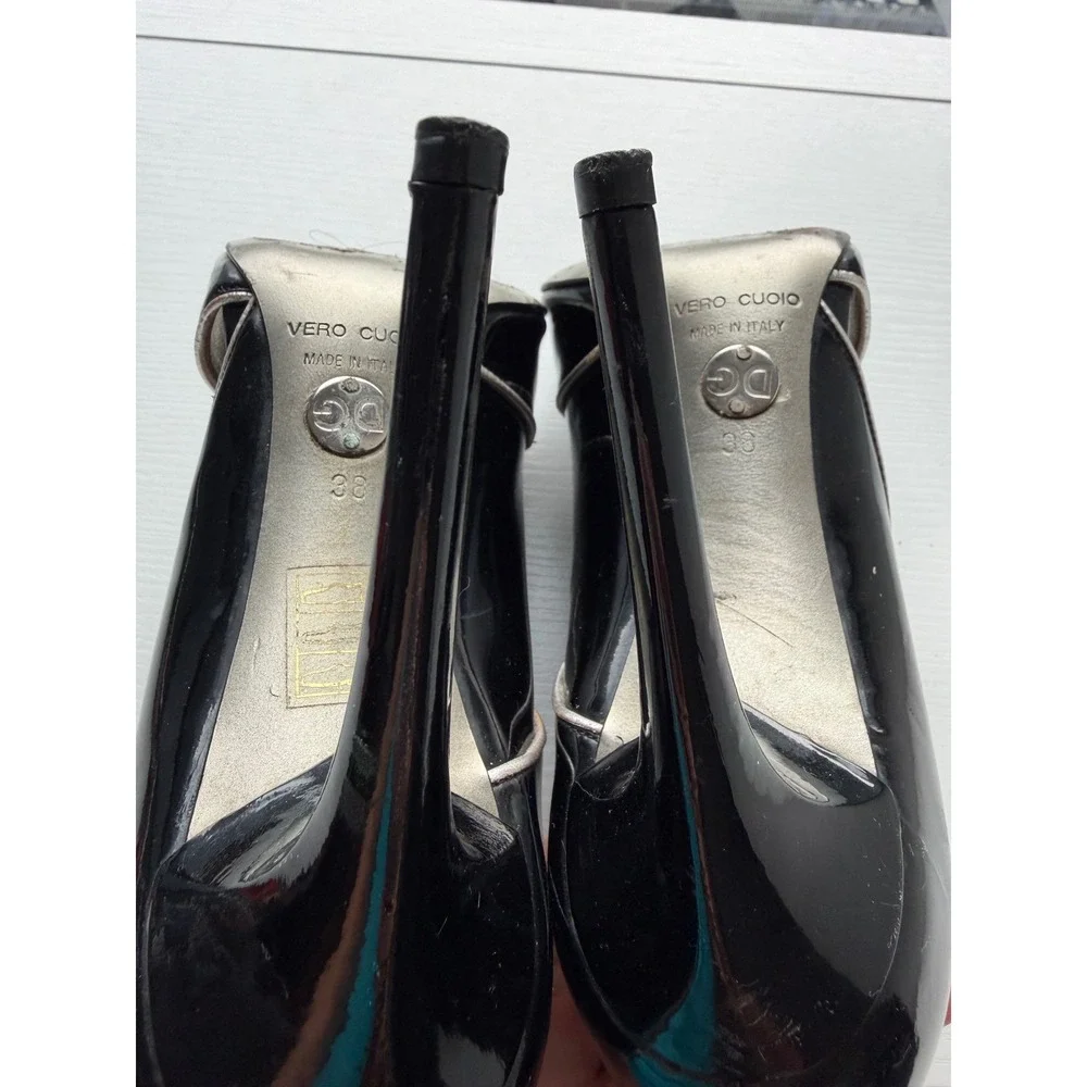 Dolce & Gabbana Patent Leather Peep Toe Heels Black Gold IT 38 Vintage US8